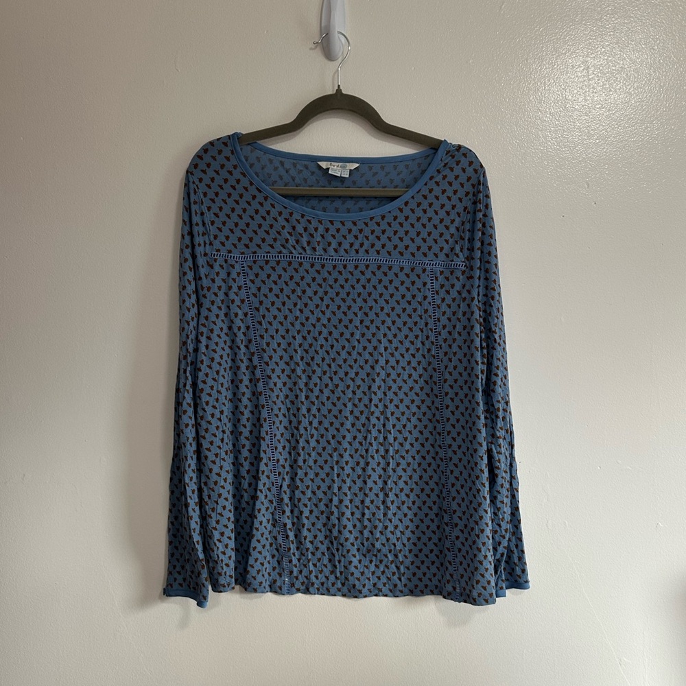 Boden Claudia Long Sleeve Top, Ladder Lace Detail, Blue and Orange Print, Sz 18